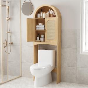 HOOBRO Arched Rattan Over the Toilet Storage Cabinet, 68.1'' Bathroom Organizer with Doors, Bathroom Storage Cabinet with Adjustable Shelf, Wooden Space Saver for Small Bathroom, Natural NL25TS01