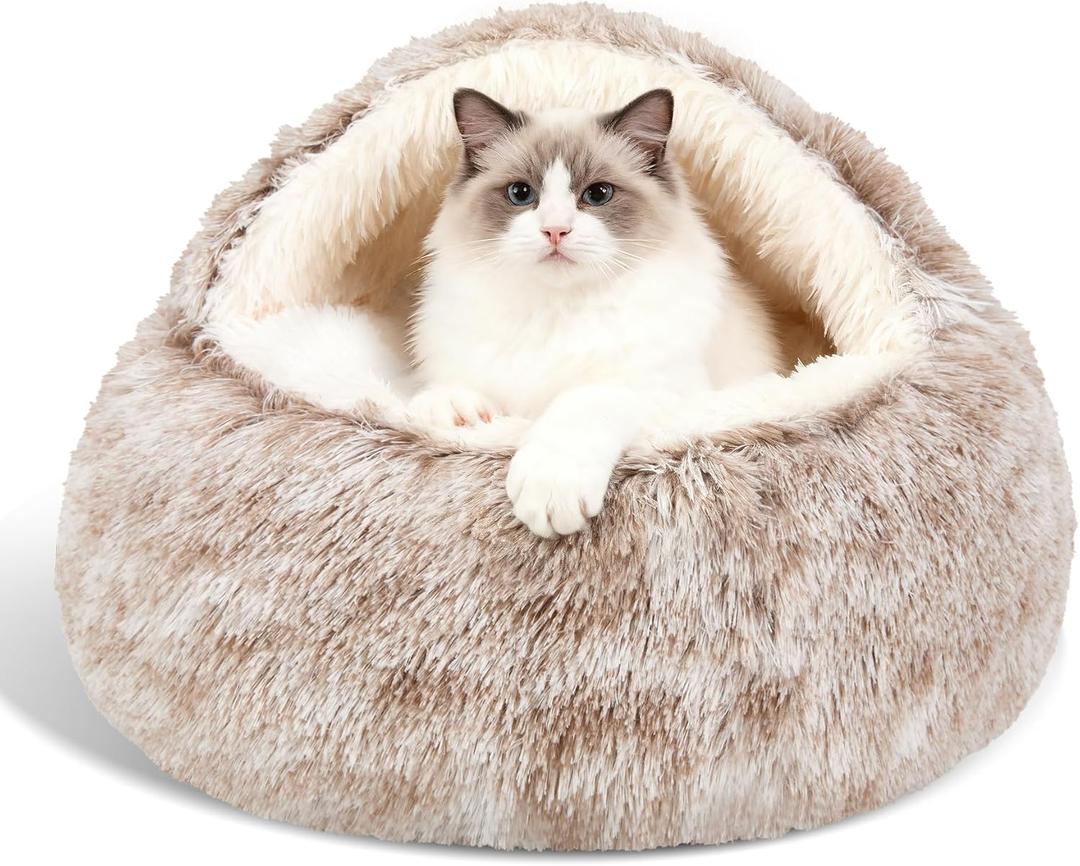 Calming Dog Beds & Cat Cave Bed with Hooded Cover, Removable Washable Round Beds for Small Medium Pets, Anti-Slip Faux Fur Fluffy Coved Bed for Improved Sleep, Fits up to 15/25 lbs (Small, 20"x20") (Coffee)