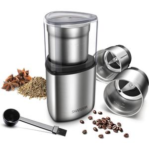 SHARDOR Coffee Grinder Electric Herb/Wet Grinder for Spices and Seeds with 2 Removable Stainless Steel Bowls, Silver