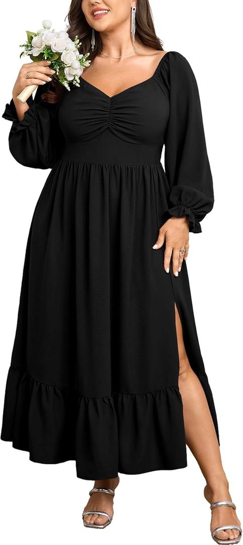 SCOMCHIC Womens Plus Size Wedding Guest Cocktail Dress Sweetheart Neckline Long Sleeve Smocked Ruffle Slit Maxi Dresses (Black, XL)
