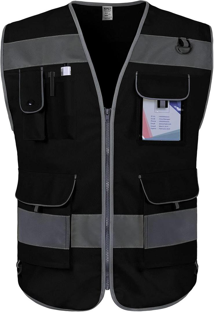 TCCFCCT Safety Vest for Men Women, 9 Pockets High Visibility Reflective Safety Vest, Hi Vis Construction Vest with Reflective Strips, Meets ANSI/ISEA Standards, (Black, Small) (Black Fabric-bison 001)