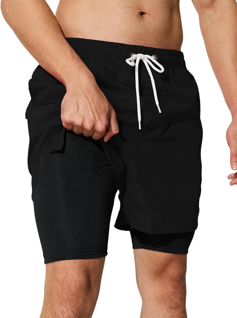 Mens Swim Trunks with Compression Liner 5 inch Inseam Quick Dry Bathing Suit 2 in 1 Board Shorts (Medium, Black)