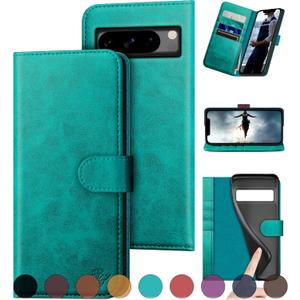 for Google Pixel 8 Pro Genuine Leather Wallet case RFID Blocking4 Credit Card HolderReal Leather Flip Folio Book Phone case Protective Cover Women Men for Pixel 8Pro case Blue Green