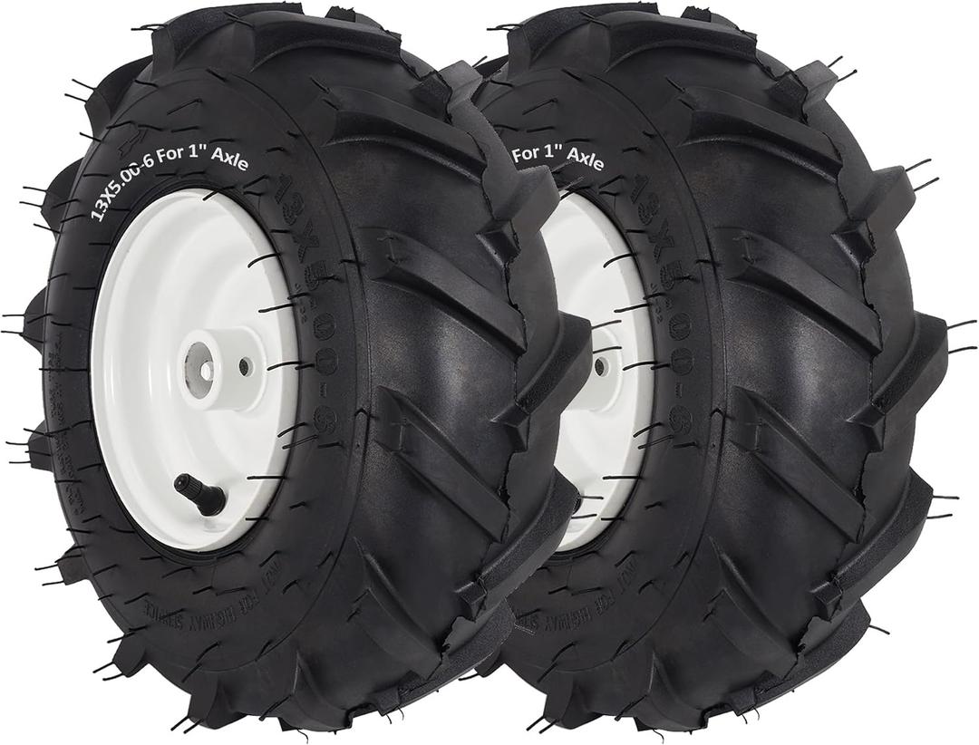 13x5.00-6 Tiller Tire and Wheel - 13x5.00-6" Heavy Duty Tiller Tire for Garden Tractor, Trencher, Tillers - 1" Axle Size - 3-1/8" Centered Hub - 4PR Tubeless - Set of Left and Right Tires