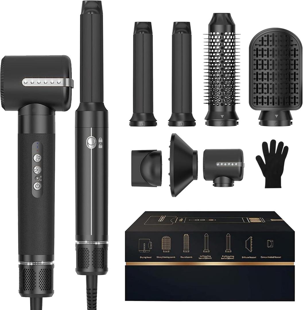 Blow Dryer Brush 7 in ONEAutowrap Curling Wand, 110,000 RPM High-Speed Negative Ionic Hair Dryer with Diffuser Concentrator, Round Brush Blow Dryer Air Styler, Volumizing Hair Styling Tools (Black)