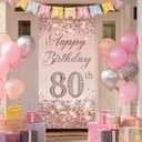 80th Birthday Door Cover 71x35 Inch Elegant Rose Gold Glitter Happy Birthday Banner for Women Sparkling Diamond Number Eightieth Milestone Celebration Party Photo Booth Prop Wall Decor