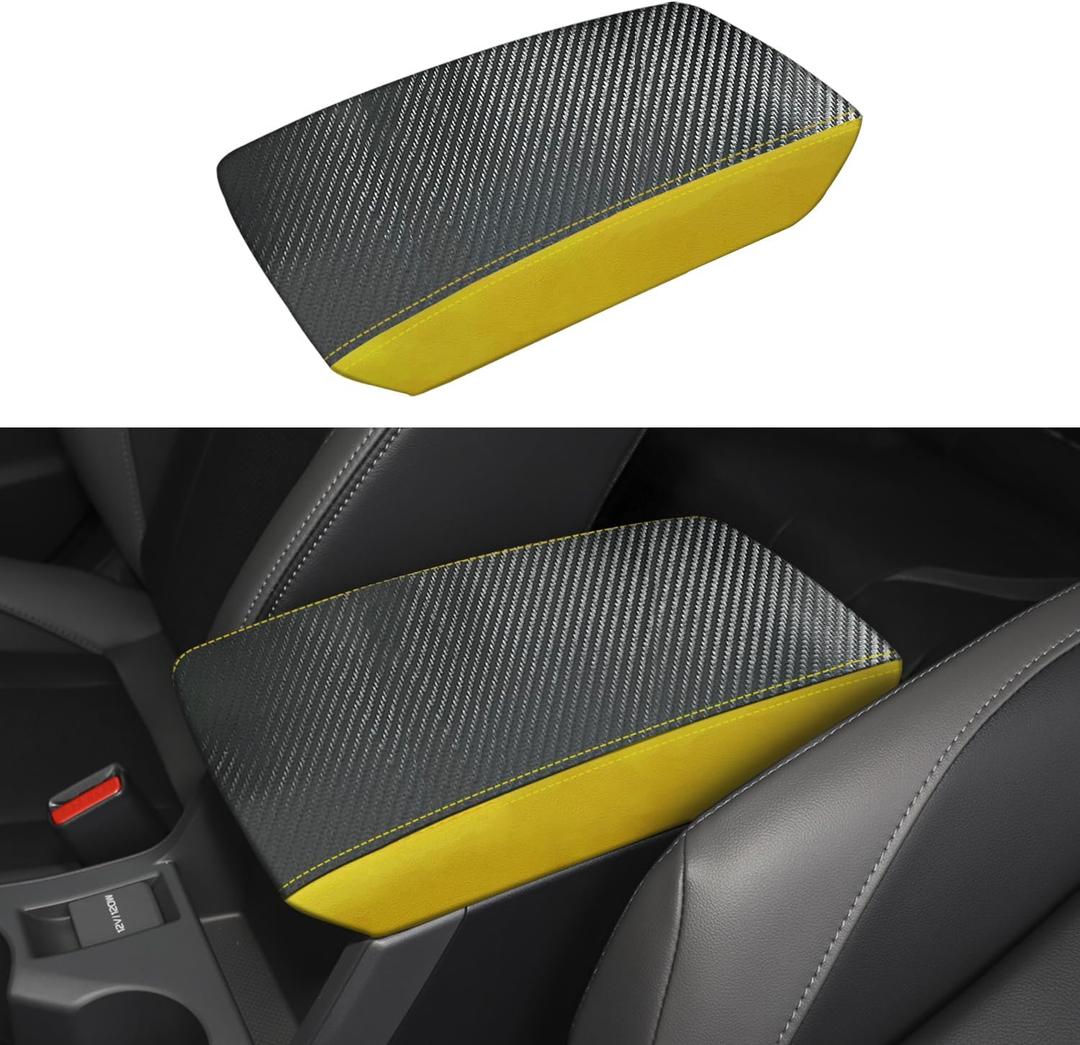 Car Center Console Armrest Cover for Subaru Crosstrek/Impreza 2024 2025 Leather Anti-Scratch Central ArmRest Box Lid Seat Cover Protector Cushion Saver Interior Accessories-Carbon Fibre+Yellow (Carbon Fibre + Yellow leather)