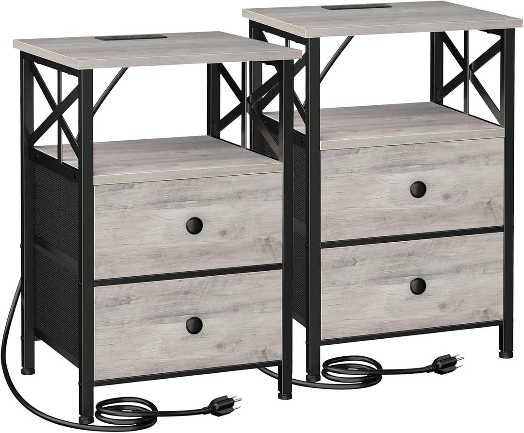 AMHANCIBLE Night Stand Set 2, Nightstand with Charging Station, End Tables Living Room with USB Ports and Outlets, Bedside Tables with Fabric Drawers for Bedroom, Greige