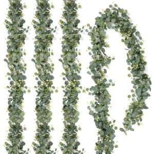 TOCHGREEN 4 PCS Artificial Eucalyptus Garland 5.9FT Faux Silver Dollar Greenery Garland Vines with White Flower Boxwood Fake Hanging Plants for Wedding Home Party Table Mantle Wall Decor