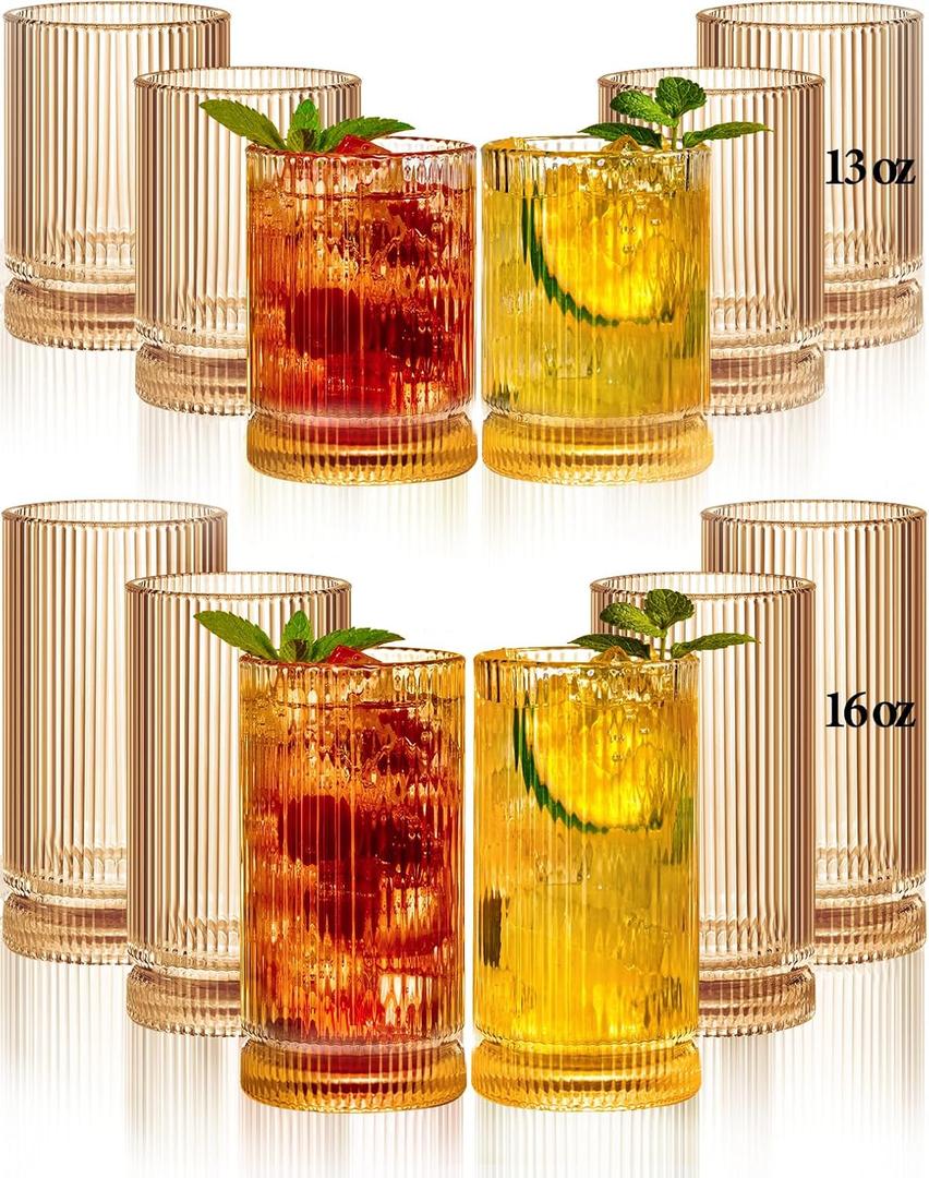 megarte Ribbed Glassware Vintage Drinking Glasses 12Pcs Set （6 Highball Glasses 16Oz And 6 Rocks Glasses 13Oz） Amber Ribbed Glass Cups For Iced Coffee, Cocktails, Juice, Beer, Everyday Drinking