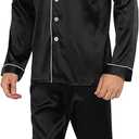 YIMANIE Mens Satin Pajamas Set Classic Short Sleeved and Long Pants Sleepwear Loungewear (Large, Black-long Sleeved Pants)