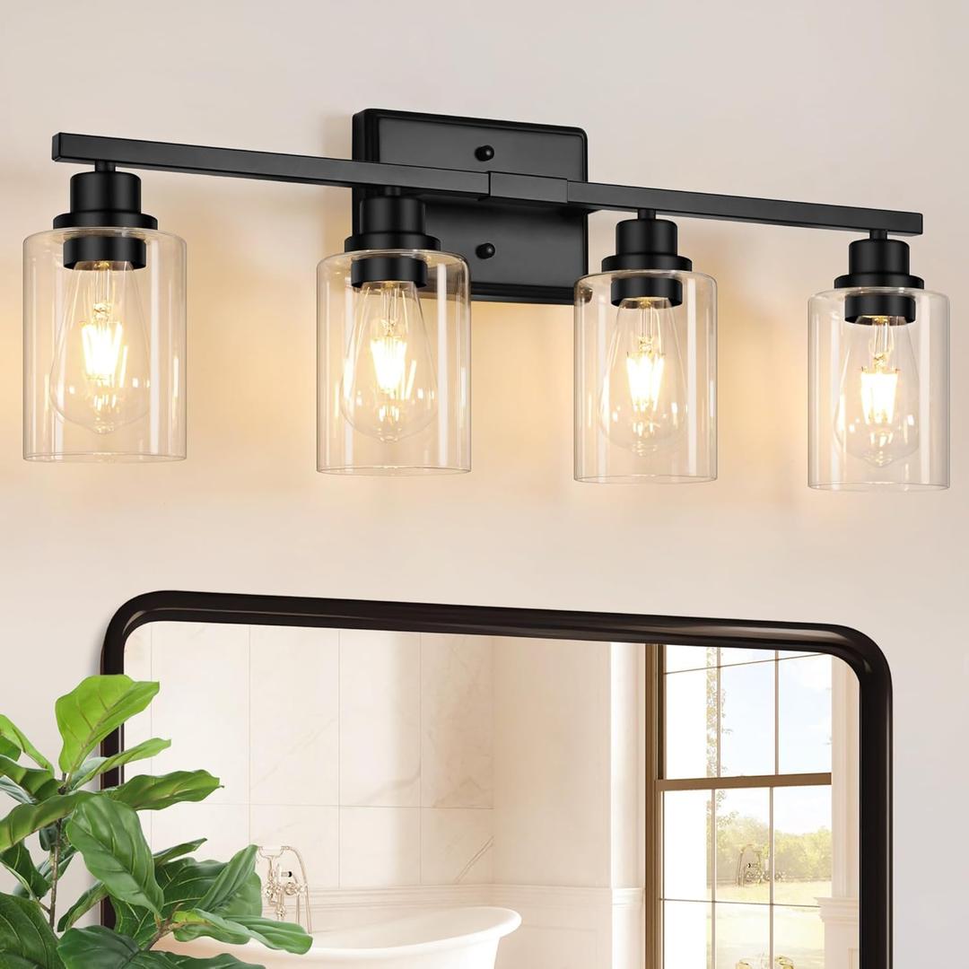 Unicozin Modern Bathroom Light Fixtures, 4 Light Vanity Lights Over Mirror, Black Wall Lamp with Clear Glass for Living Room Cabinet Bedroom Porch Unicozin Modern Bathroom Light Fixtures, 4 Light Vanity Lights Over Mirror, Black Wall Lamp with Clear Glass for Living Room Cabinet Bedroom Porch