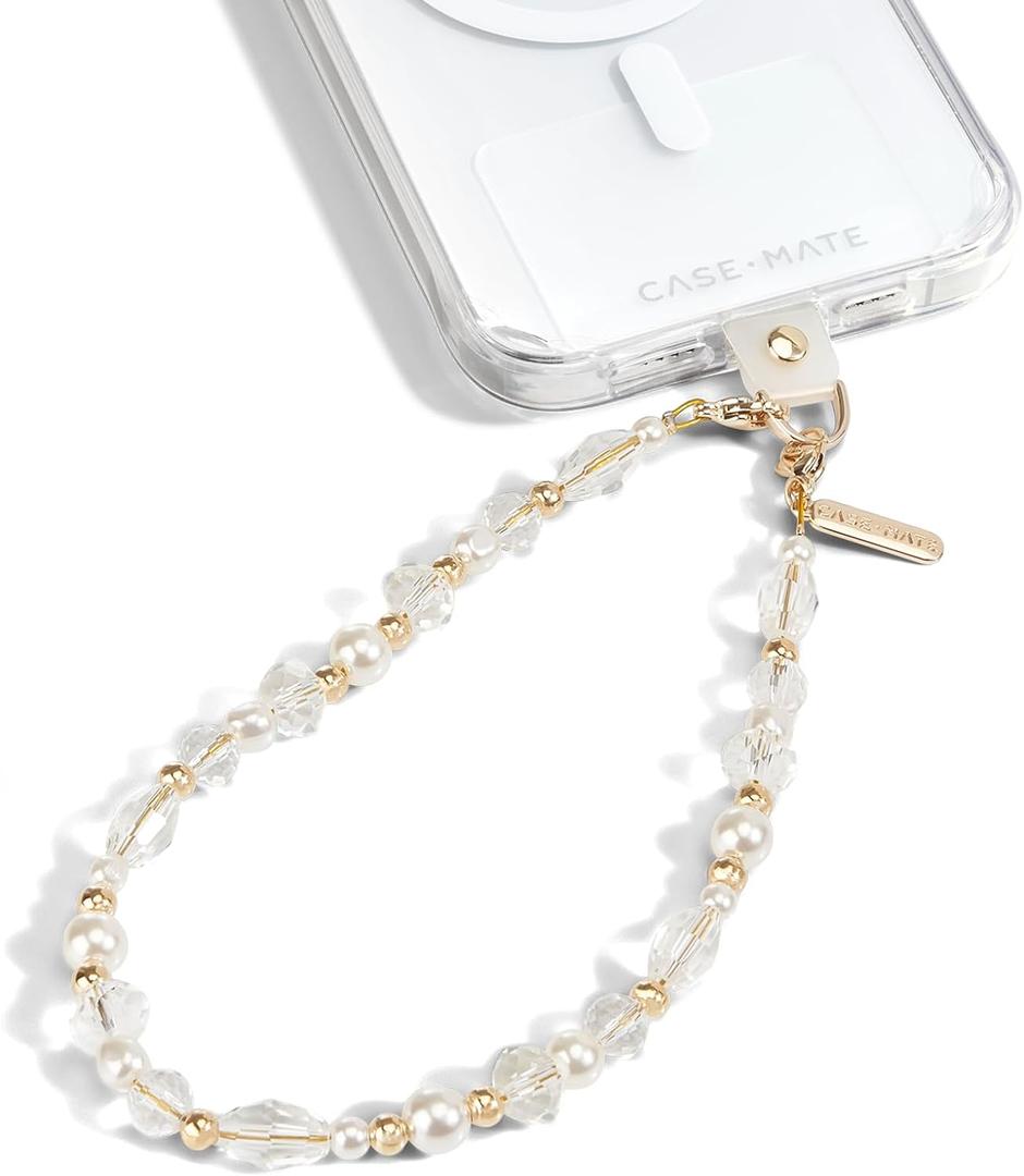 Case-Mate Beaded Phone Charm - Detachable Anti Theft Strap - Hands-Free iPhone Wrist Strap for Women - Phone Chain Wristlet - Fits Galaxy, Pixel and More - Crystal Pearl Gold