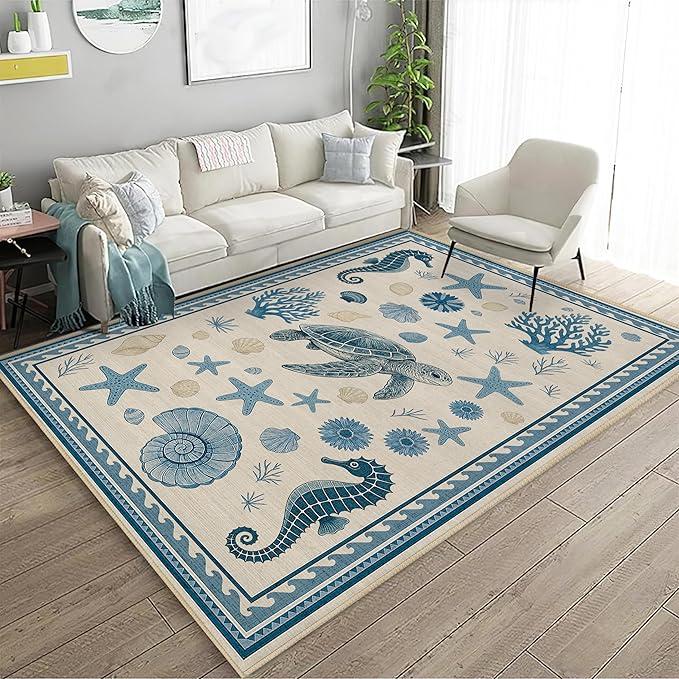 Coastal Nautical Area Rug 4x6 for Living Room Sea Turtle Starfish Seashell Coral Rug Machine Washable Rugs Non Slip Low Pile Indoor Floor Carpet for Bedroom Dining Room Laundry Kitchen,Blue