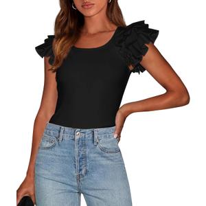 PRETTYGARDEN Women's Ruffle Short Sleeve Shirts 2026 Summer Casual Basic Tee Cute Fitted Crew Neck Fashion Tops Clothes (M)
