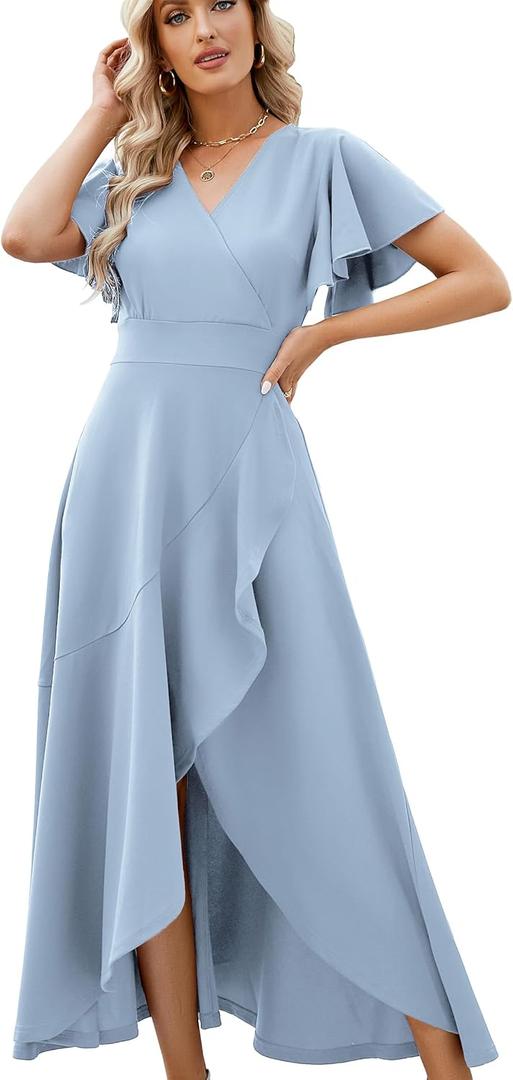 Formal Dresses for Women, Gowns Evening Party Cocktail Dress, Long Split Elegant V Neck Wrap Ruffle Wedding Guest A-line Dresses Aqua Blue-XL