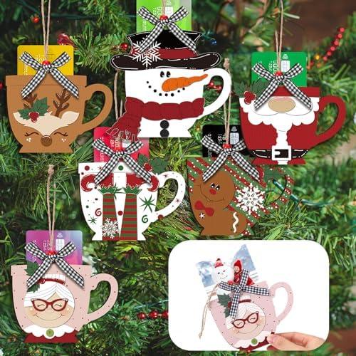 Dispowreath 6 Pcs Christmas Card Holder Gift Wooden Nutcracker Snowman Santa Money and Gift Card Sleeves Christmas Cash Holders Xmas Decors for Xmas Tree Ornament Winter Holiday Decor (Coffee Cup)