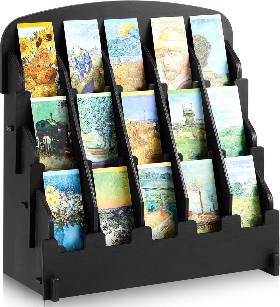 Yuntau Bookmark Display for 2.2'' Bookmark, Adjustable Dividers, Portable Sticker Holder, Curved Pockets Greeting Card Display for Business Vendor, Retail Store Shop(15 Pockets,Black)