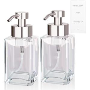 Foaming Soap Dispenser with Stainless Steel Pump, 12oz Refillable Glass Liquid Dish Soap Bottles for Bathroom, Kitchen Sink, Home Decor, 2 Pack