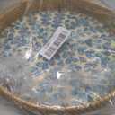 Round Rattan Tray with Handle, Rattan Serving Tray with Mother of Pearl Inlay Wooden Base, Decorative Wicker Basket for Table Decor (Blue Leaves)