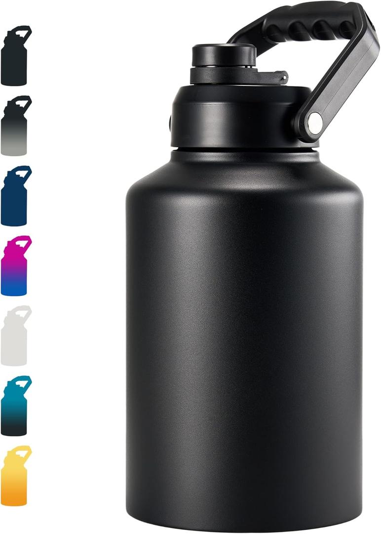 Fijinhom Insulated Gallon Jug, Large 128oz Stainless Steel Insulated Water Bottles with Handle, Leak proof, Double-Wall Vacuum Insulation for Construction Sites, Camping and Hiking, Black