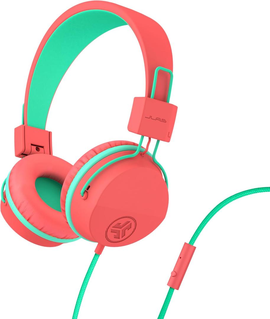 JLab JBuddies Studio On-Ear Kids Wired Headphones, Toddler Headphones, Kid Safe, Studio Volume Safe, Volume Limiter, Folding, Adjustable, Noise Isolation, with Mic (Peach)