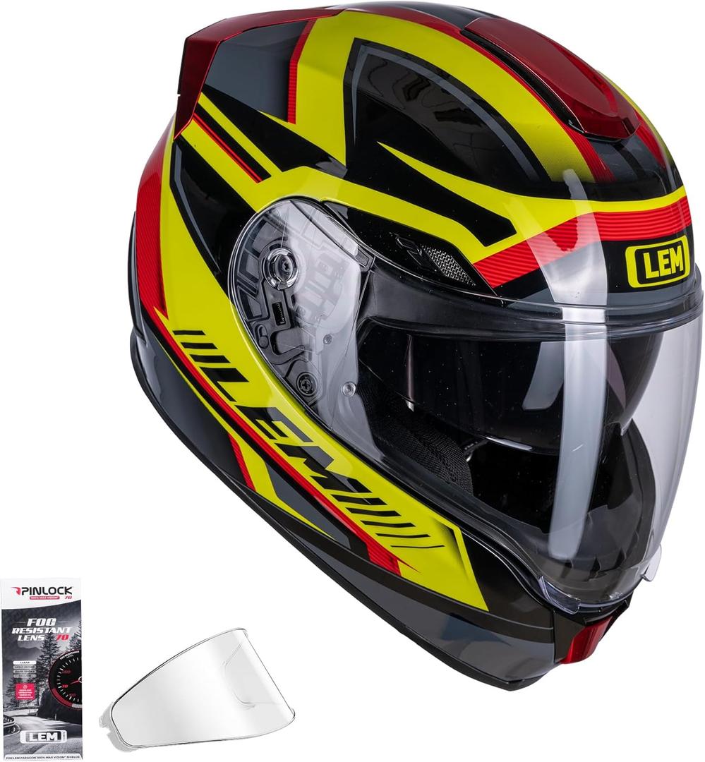 LEM Motorcycle Helmets Full Face, Helmets for Men DOT Certified, PINLOCK & DVS Dual Vision, Motorcycle Street Bike Helmet for Adults Fiberglass Shell Bluetooth Ready for Cruiser(Yellow/Red, Size L)