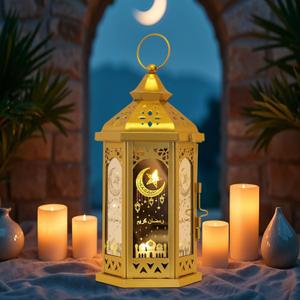Ramadan Decorations for Home, 12.8H Large Hexagon Decorative Candle Lantern for Tabletop Mantel Decor, Vintage Metal Lantern Candle Holders for Indoor Outdoor Decor, EID Mubarak Gift
