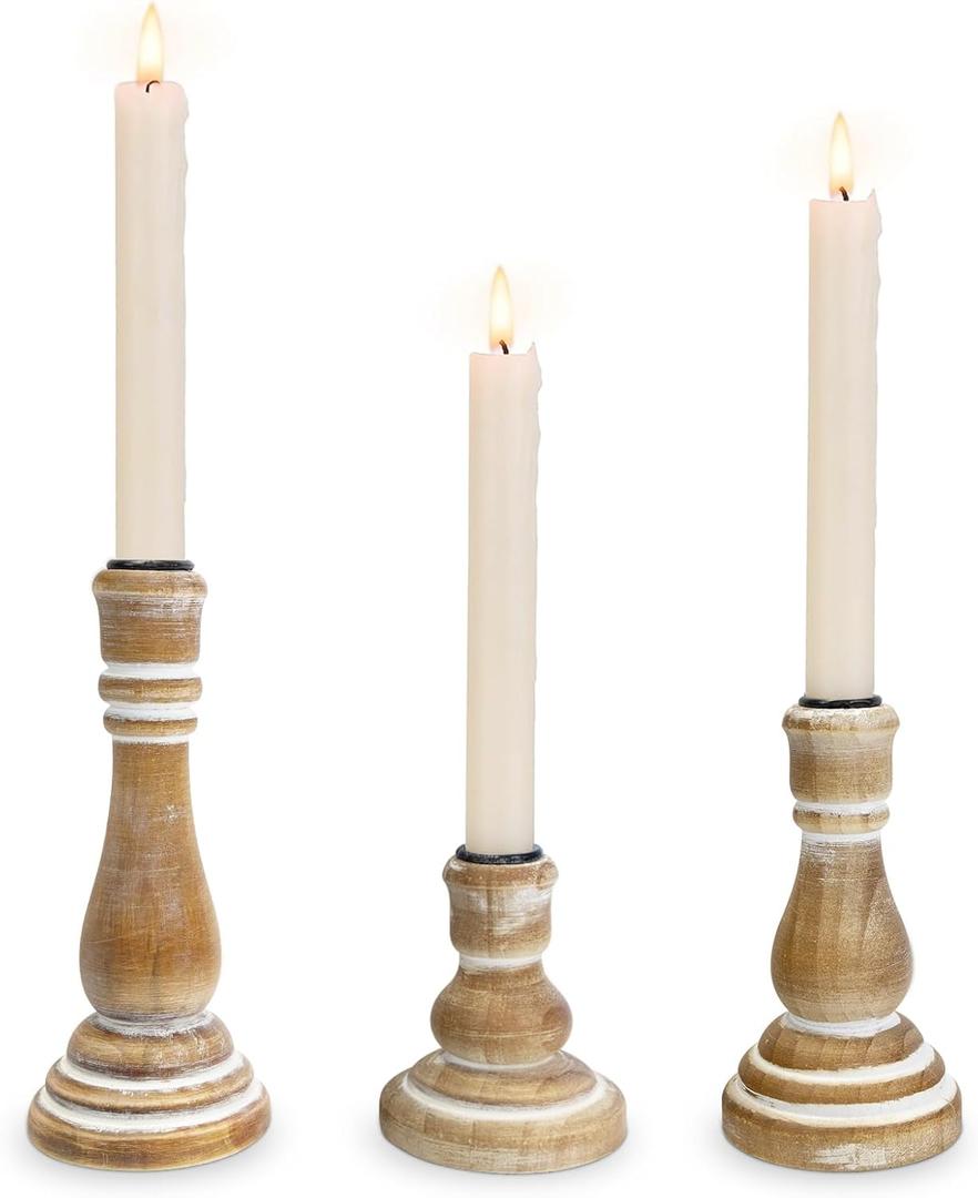 Candle Sticks Holder Decor Set of 3, Rustic Wooden Candlestick Holders, Farmhouse Wood Candle Stand, Vintage Candles Stick Tapered Holder for Living Room, Table Centerpiece (Brown)