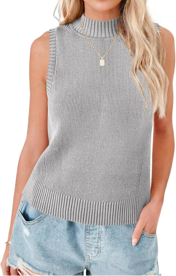 Saodimallsu Womens Ribbed Tank Tops High Neck 2026 Summer Sleeveless Mock Neck Casual Slimming Knit Sweater Vests (Gray, XL)