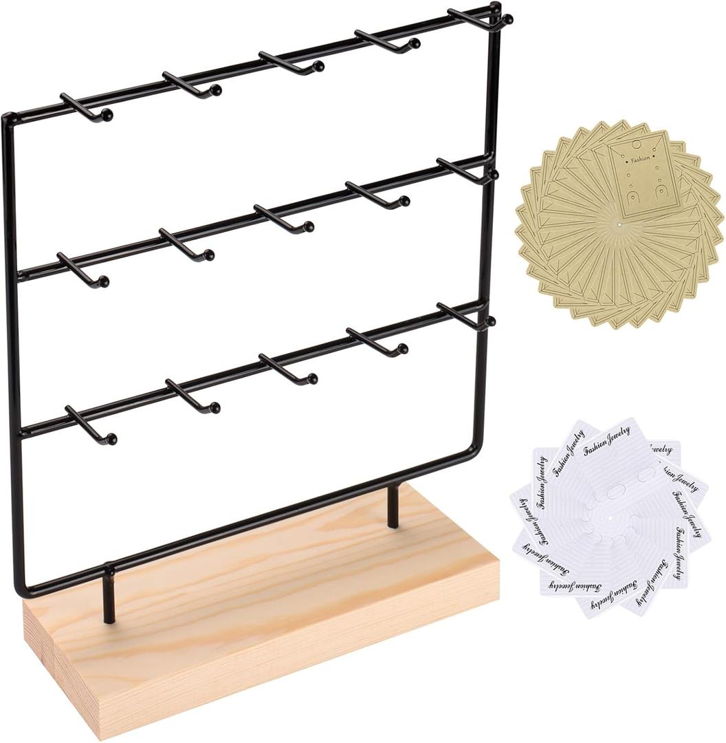 Earring Display Stands for Selling, 3 Tier 15 Hooks Wood Jewelry Organizer Rack for Earrings, Necklaces, Rings, Bracelets, Keychains - Compact for Countertop, Boutique, Trade Shows (Black)