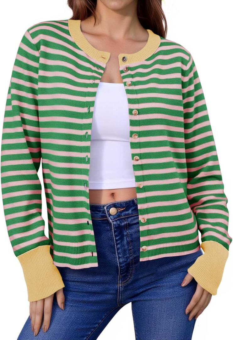 Saodimallsu Womens Striped Cardigan Sweaters Button Down Lightweight Color Block Crewneck Long Sleeve Knit Fall Cardigan