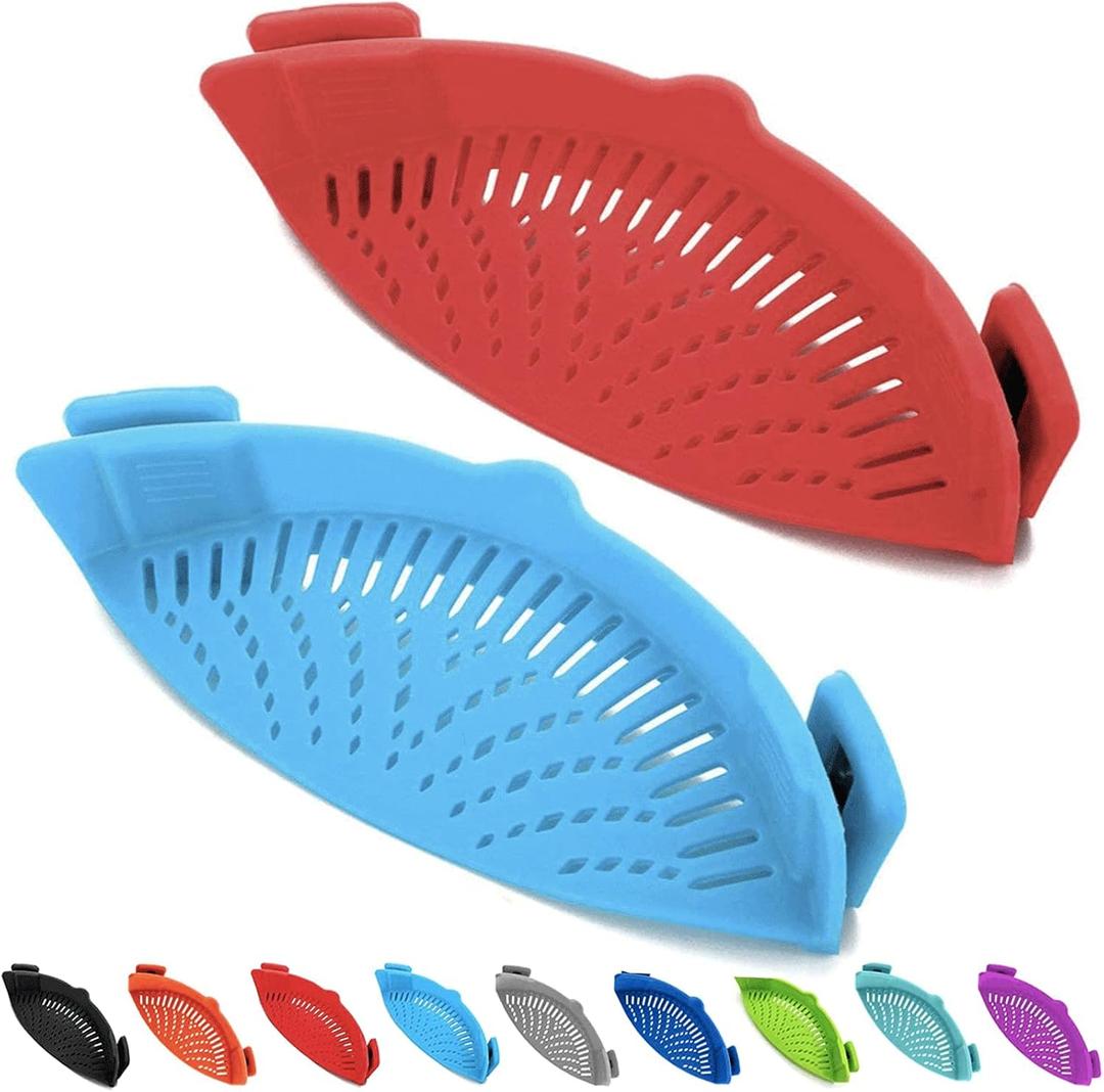 2 Pcs Clip on Strainers, Pot Strainer for Pasta Meat Vegetables Fruit, Silicone Strainer - Fit All Pots and Bowls. (Red, Blue)