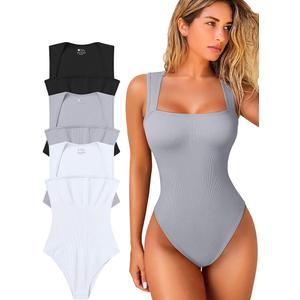 Women's 3 Piece Bodysuits Fashion Casual Sleeveless Square Neck Shapewear Bodysuits (Black,grey,white)