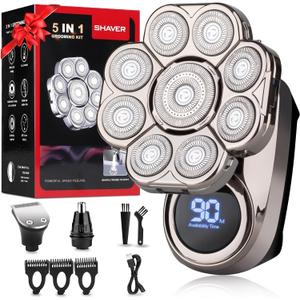 9D Electric Head Shavers for Bald Men, Upgraded 5-in-1 Waterproof Wet/Dry Grooming Kit Electric Shaver for Men, Cordless Rechargeable Bald Head Razor for Home&Travel