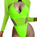 Rave Outfits for Womens - EDC Festival Neon Bodysuit Long Swimsuits Mesh Buckle Shrug Crop Top Club Party 2 Pcs Set (Small, Green)