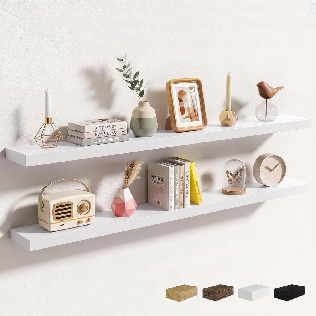 Axeman 55Inch Floating Shelves for Wall, 2 Packs, Invisible Brackets, White, 55" W x 6.5" D x 1.4"H