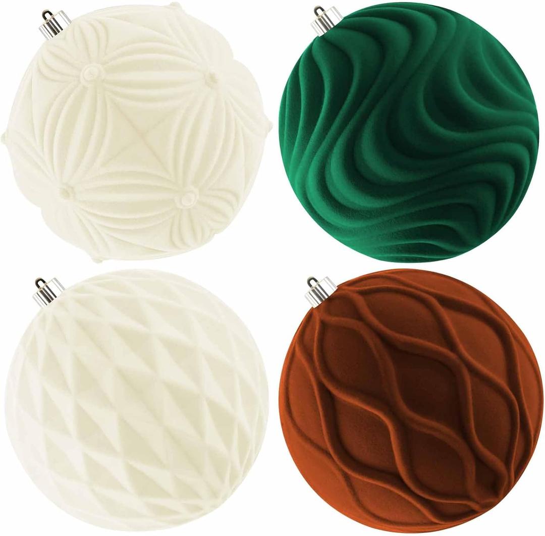 Lanpn 4 Pcs 8" Large Christmas Ornaments, Oversized Velvet Xmas Tree Ball, Big Flocked Christmas Tree Ornament, Shatterproof Plastic Balls for Yard Lawn Holiday Hanging Decor, Neutral Color (Beige-Brown-Dark Green)