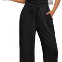 Trendy Queen 2 Piece Matching Summer Sweatsuit Lounge Set Womens Wide Leg Pants Side Ruching Crop Top Sets (Small, Black)