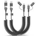 2 Pack Coiled USB-C and Lightning Cable 2-in-1, 3FT iPhone 15 16 Car Charger Cord, 60W Fast Charging Cable for iPhone 16, Samsung Galaxy, Supports Apple CarPlay & Android Auto (Black)