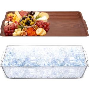 Baderke 1 Set 16" x 9" Plastic Chilled Serving Tray for Parties with Compartments Ice Chilled Party Platter Charcuterie Serving Board Cold Dish Dip for Fruit Seafood Vegetable Appetizer (Dark Wood)