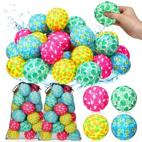 VercanMonth 48 Pcs Reusable Water Balls 3 Inch 4 Style Hawaiian Outdoor Water Balls Absorbent Bouncing Beach Toys with 2 Mesh Bag for Summer Beach Pool Soaking Games Party Favors