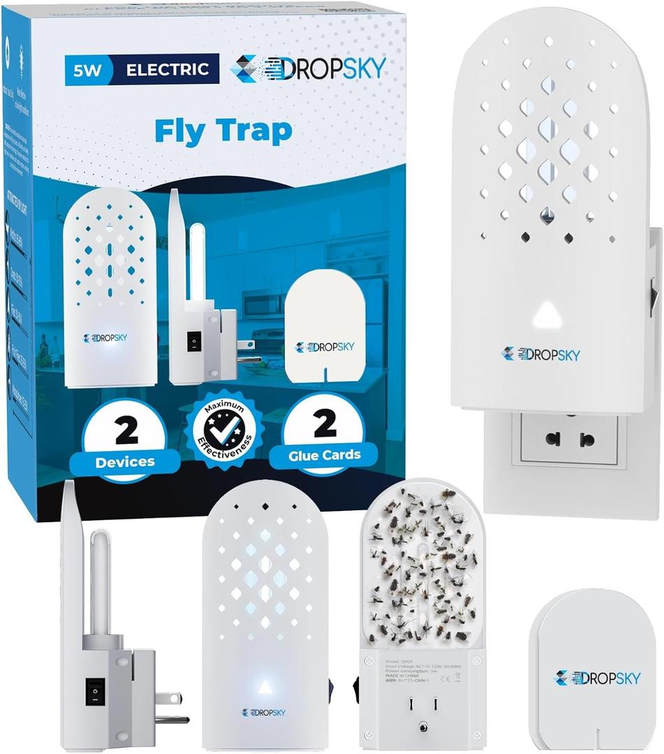 Dropsky Indoor Flying Insect Trap - Plug-in Bug Light Trap for Fruit Flies, Gnats and Houseflies - Odorless and Mess Free (2 Traps + 2 Glue Cards)