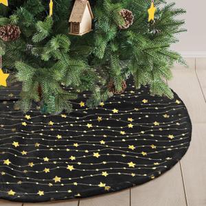 Black Christmas Tree Skirt with Glitter Golden Star Print 30 Inch Xmas Tree Skirt Base Cover Mat for Christmas Tree Holiday Home Party Decorations - 78cm