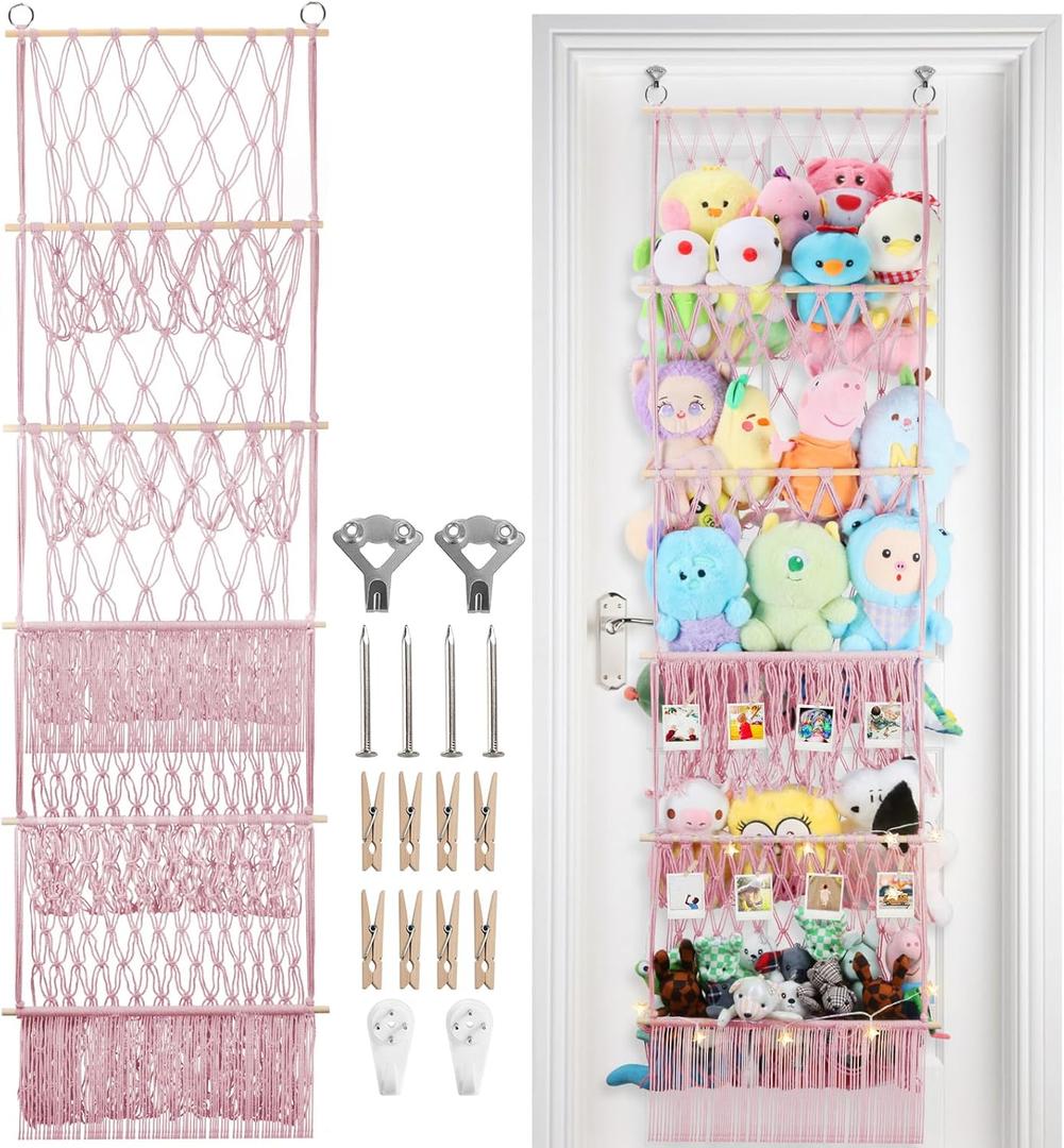 5 Tier Stuffed Animal Storage Shelf Net, 17x61 Inch Large Plushie Net w/LED Light & Clips for Mini Medium Stuffy Teddy, Pink Boho Macrame Wall Toy Holder Display for Nursery Kids Girls Boys