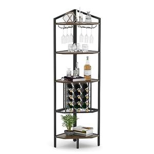 HIDODO Corner Wine Rack 5 Tier Wine Racks Freestanding Floor with Glass Holder and Bottles Wine Storage, Corner Bar Cabinet for Dining Room, Kitchen, Rustic Brown