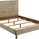 Benjara Ayla Queen Size Bed, Rattan Woven Design, Panel Headboard, Gray Mahogany