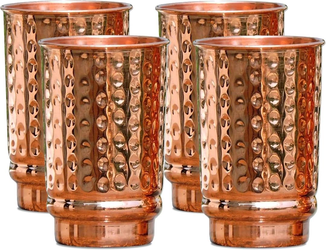 Pure Copper Hammered Tumblers Set of 4 | 350ml (11.8oz) | Handmade Ayurvedic Drinkware for Health & Wellness | Travel Copper Cups