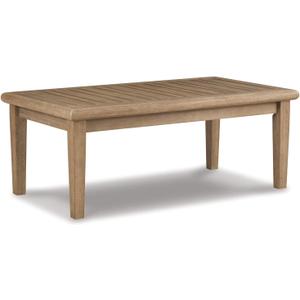 Signature Design by Ashley Wood Outdoor Coffee Table, Grayish Brown Weather resistant eucalyptus wood, 5-step protective coating, Slatted top sheds rainwater, 50-in width, Gerianne Series (	50" W x 26" D x 18.63" H)