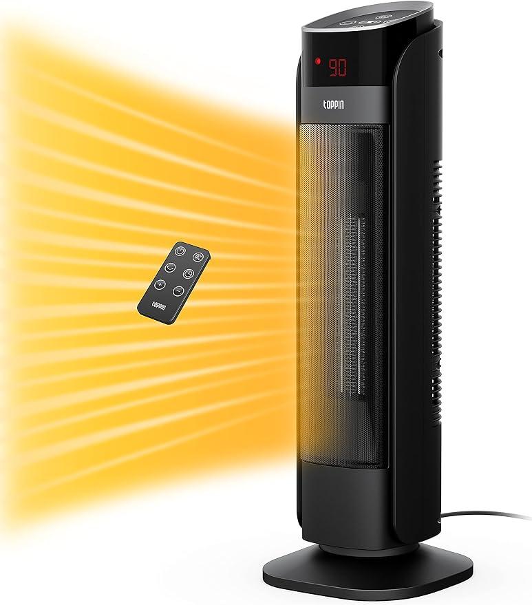 Ceramic Tower Space Heater - 1500W Electric Space Heater with Remote Control, Oscillation, Timer and Thermostat, Triple Safety Protection, Portable Space Heater for Office, Home, Large Room